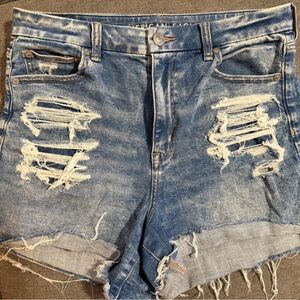 American Eagle Outfitters High Waist Distressed Denim Shorts - Blue